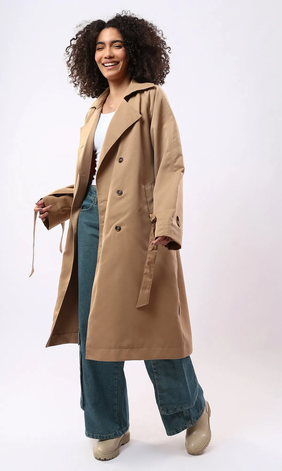 O176259 Classic Collar Dark Beige Buttoned Coat