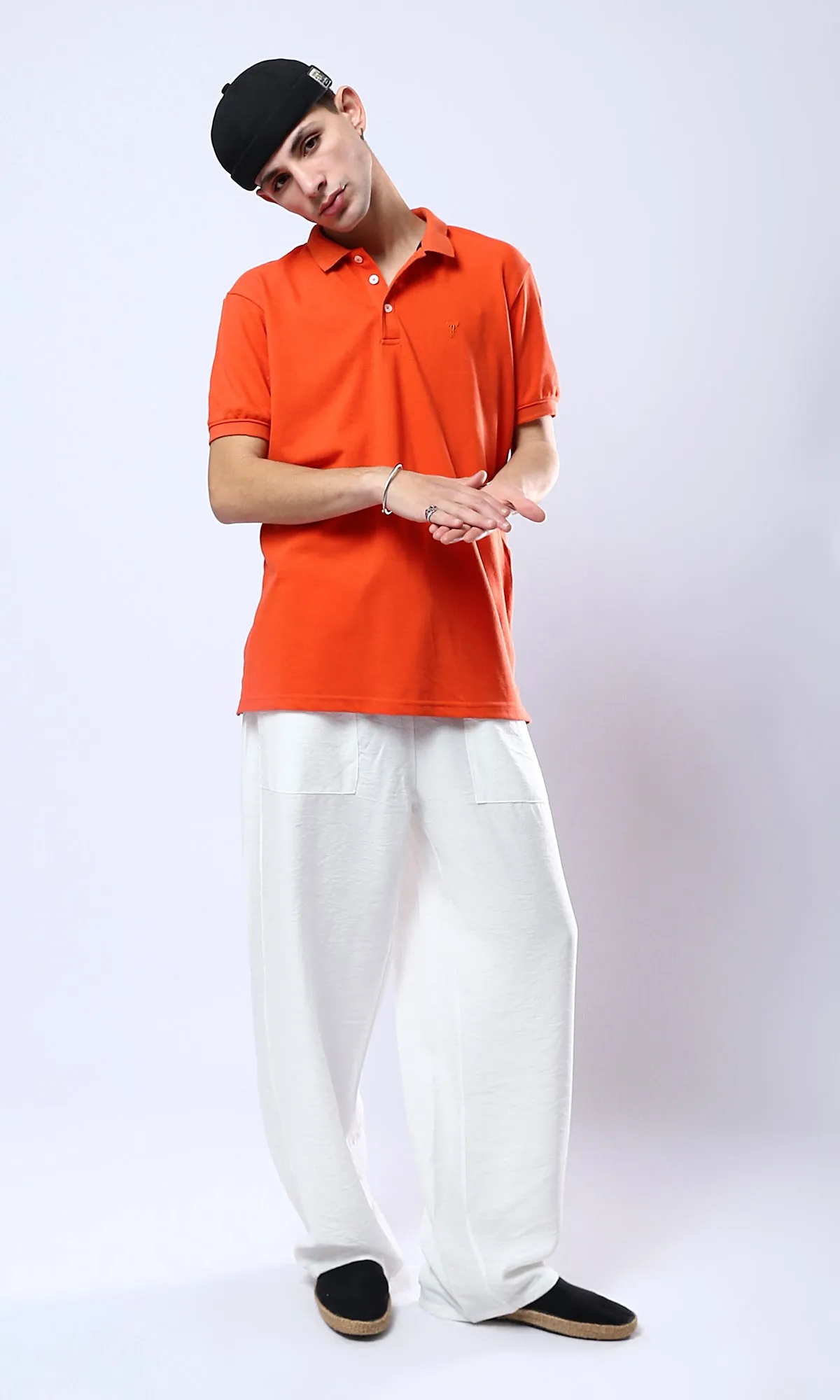 O178888 Hot Orange Solid Buttoned Polo Shirt