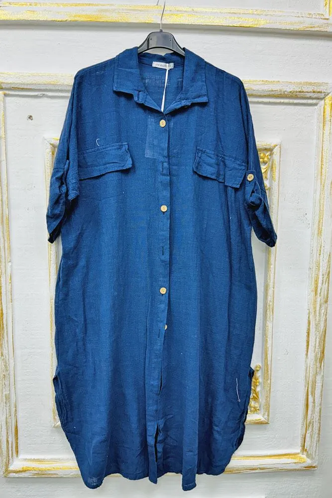 Plain Button Up Round Hem Cotton Long Shirt