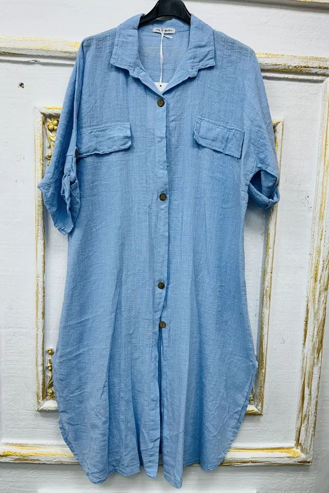 Plain Button Up Round Hem Cotton Long Shirt