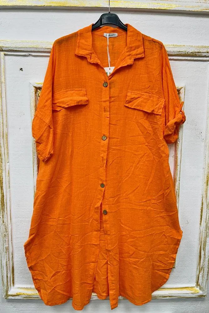 Plain Button Up Round Hem Cotton Long Shirt