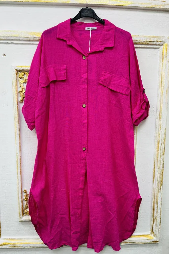 Plain Button Up Round Hem Cotton Long Shirt