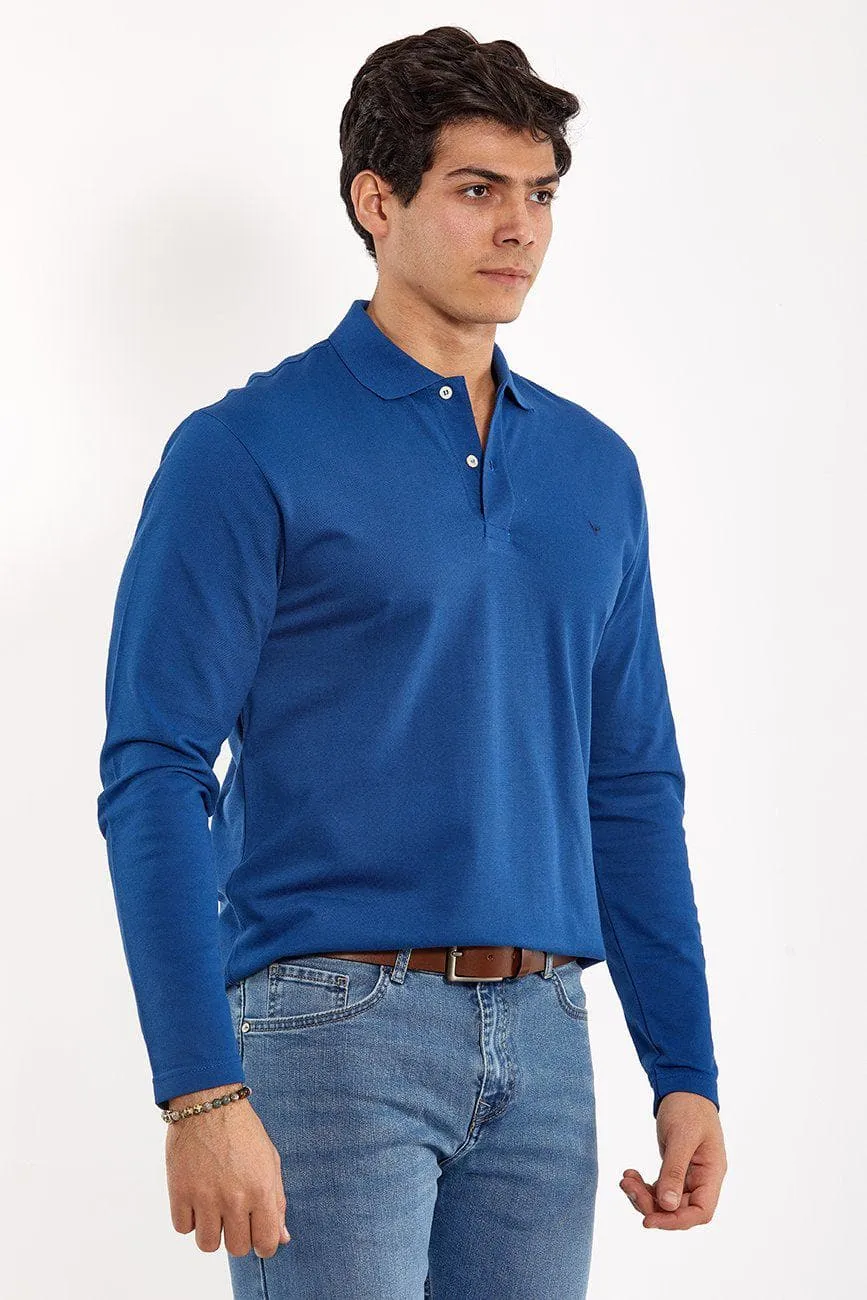 Plain Long-Sleeve Polo Shirt - BLUE FONSE