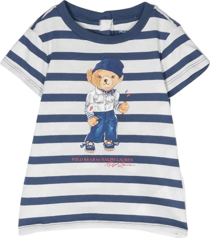 Polo Ralph Lauren Navy Blue / White Striped Polo Bear Motif T-shirt BNWT 6 Years