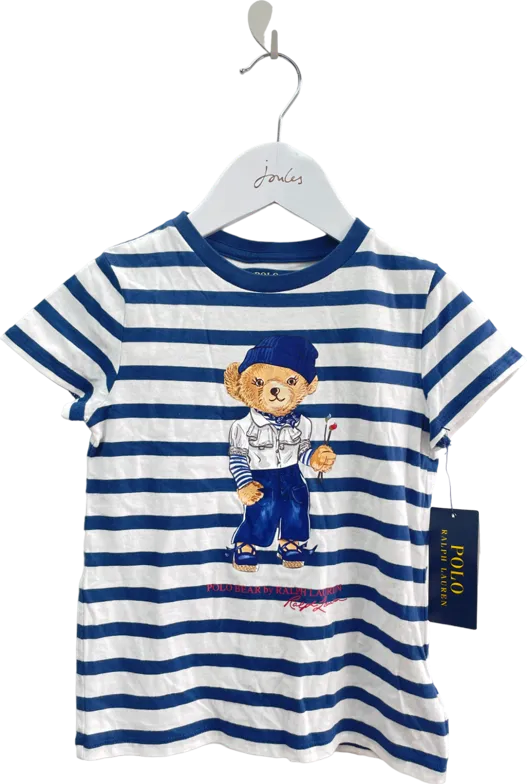 Polo Ralph Lauren Navy Blue / White Striped Polo Bear Motif T-shirt BNWT 6 Years