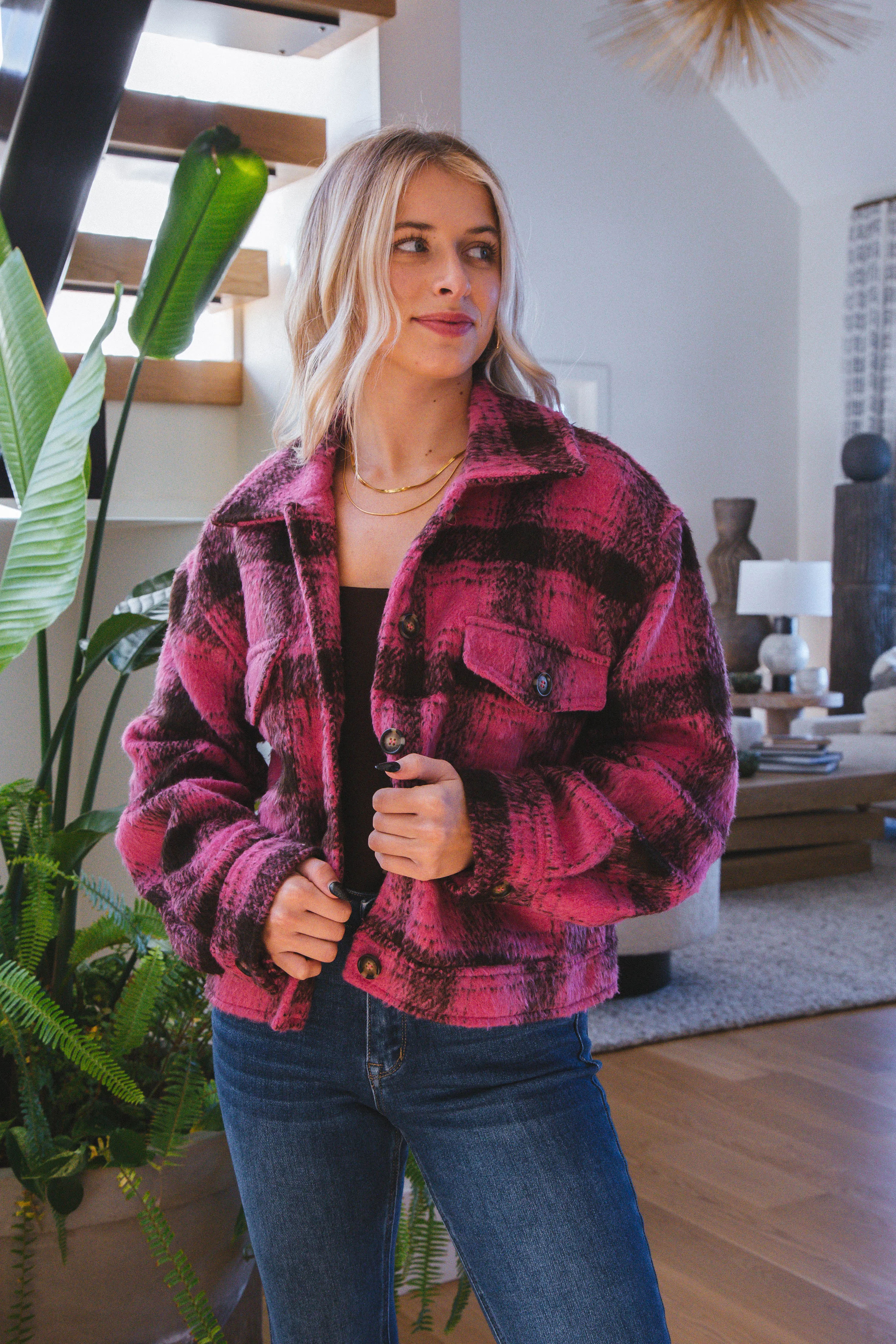 Raya Plaid Fuzzy Shacket, Pink