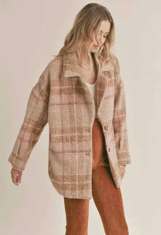 Sadie & Sage Womens Lucy Vintage Plaid Coat in Camel and Pink