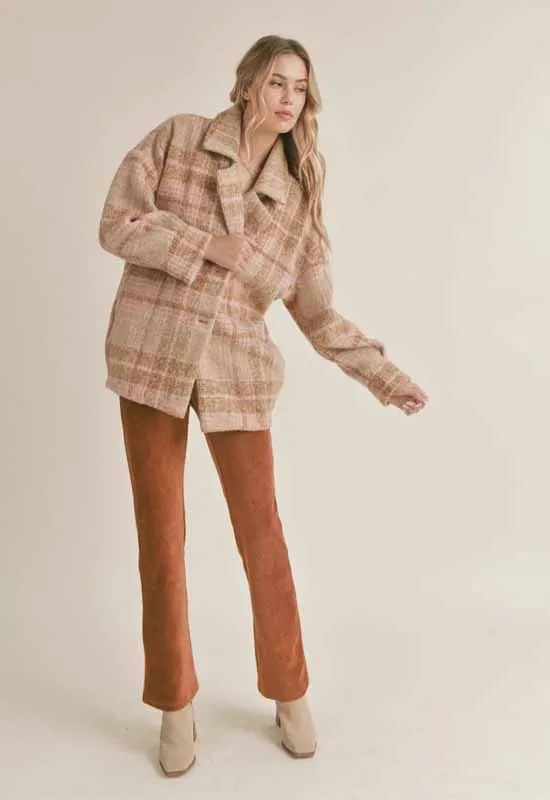 Sadie & Sage Womens Lucy Vintage Plaid Coat in Camel and Pink