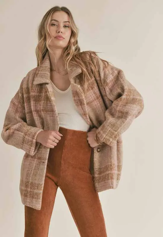 Sadie & Sage Womens Lucy Vintage Plaid Coat in Camel and Pink