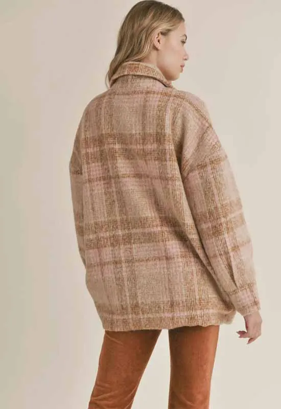 Sadie & Sage Womens Lucy Vintage Plaid Coat in Camel and Pink