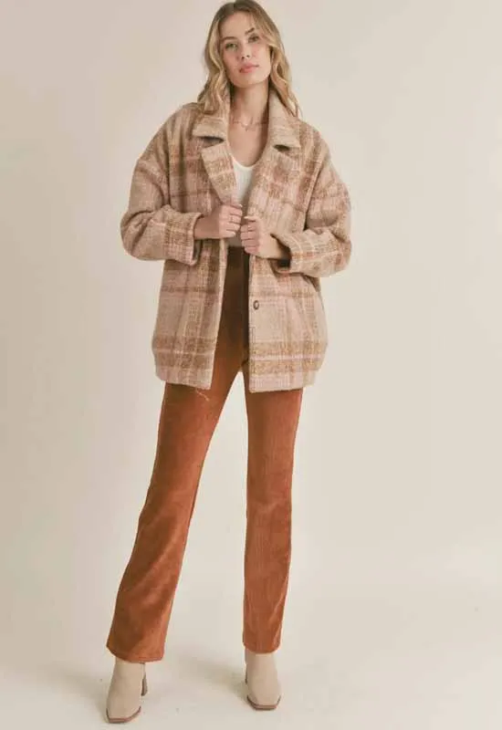 Sadie & Sage Womens Lucy Vintage Plaid Coat in Camel and Pink