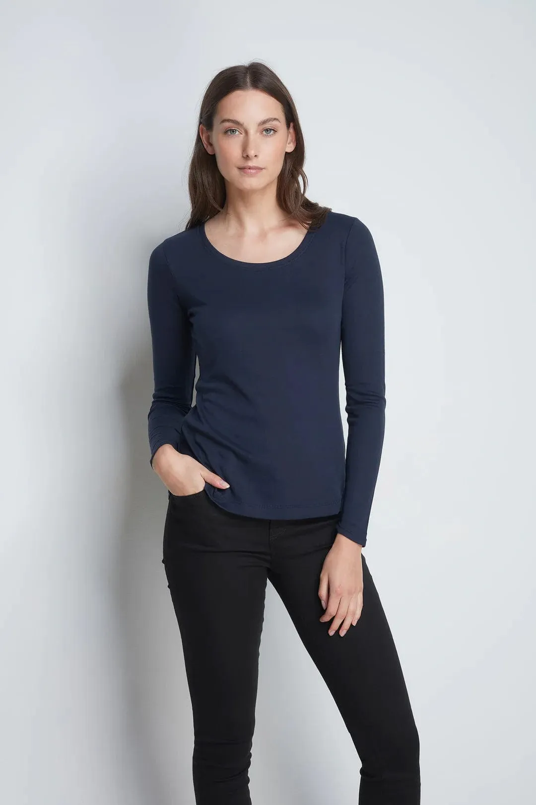 Scoop Neck Long Sleeve Cotton TENCEL Modal Blend T-shirt | Multiple Colours