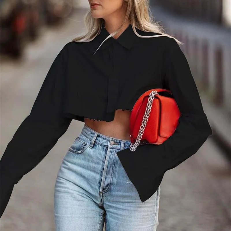 Sexy Crop Top Tassel Solid Color Shirt For Women Lapel Collar Long Sleeve Loose Oversized Shirts Female 2022 New