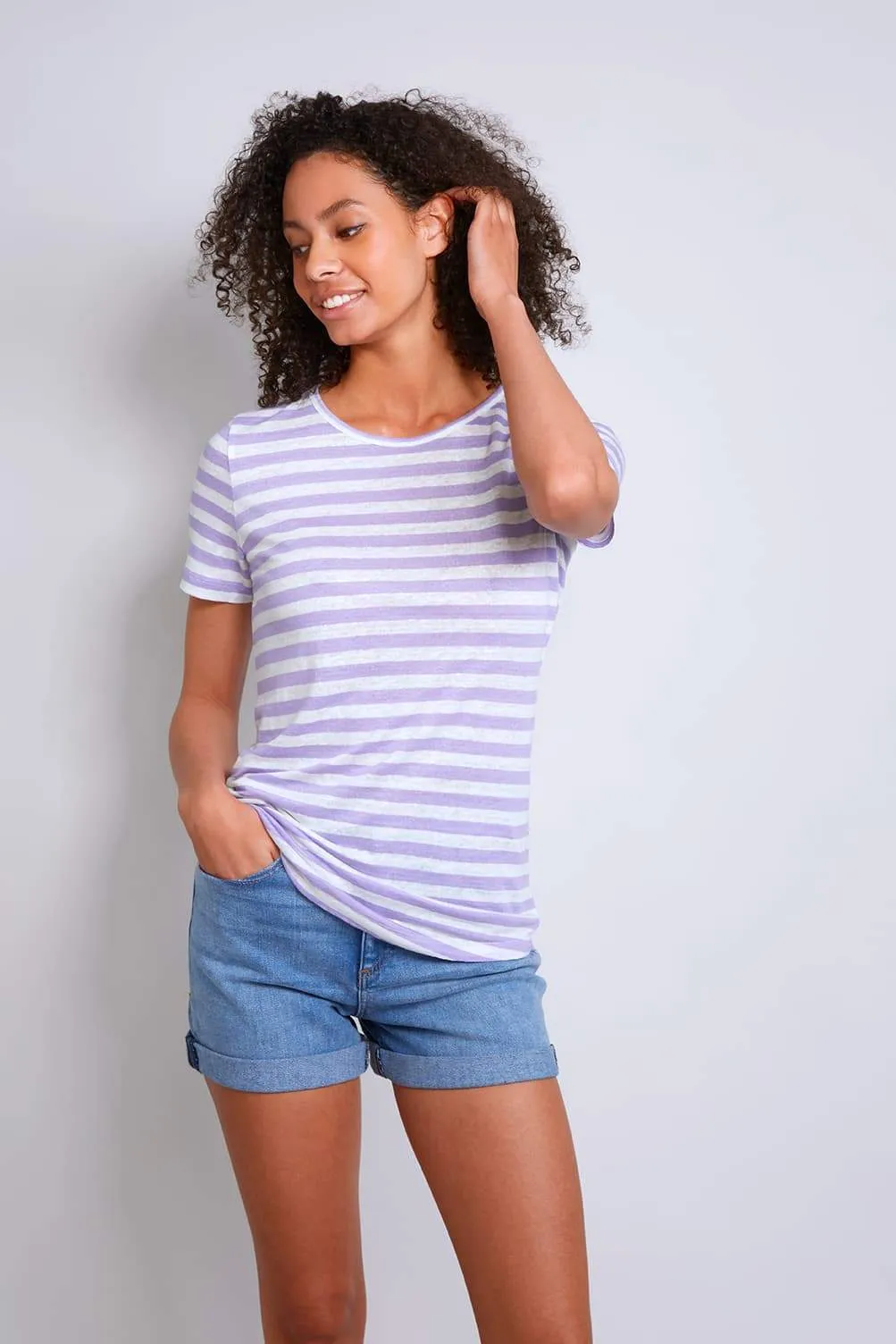 Short Sleeve Striped Linen T-shirt | Lavender