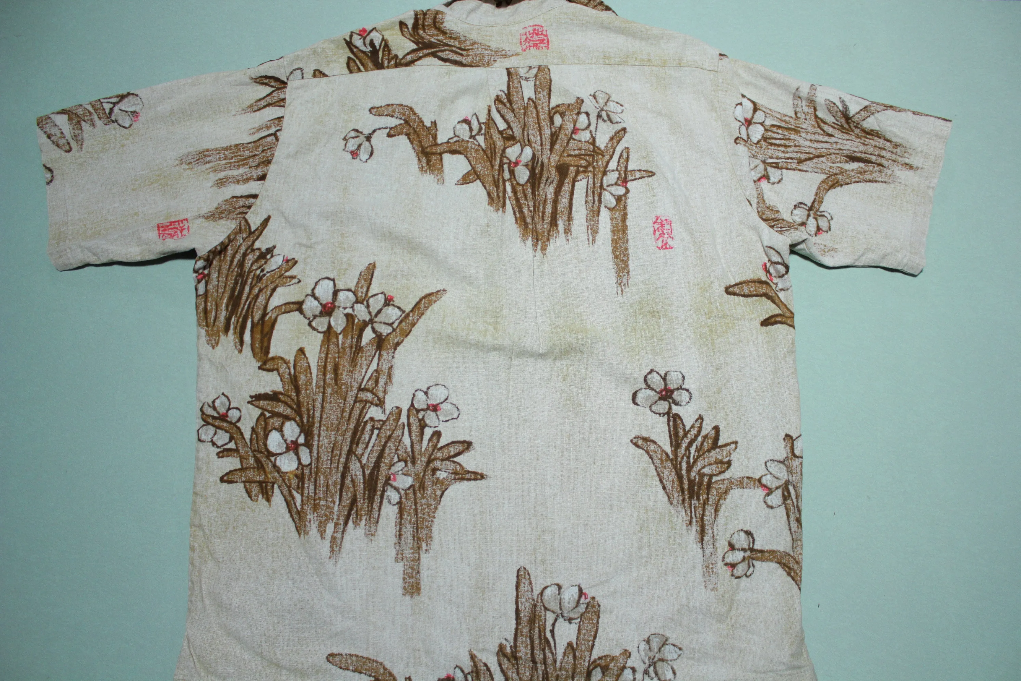 Surf Line Hawaii Vintage 60s 70s Distressed Print Design Polo Button Shirt