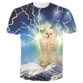 Thundercat Giant White Kitty Cat Playing With Lighting Print Graphic Tee