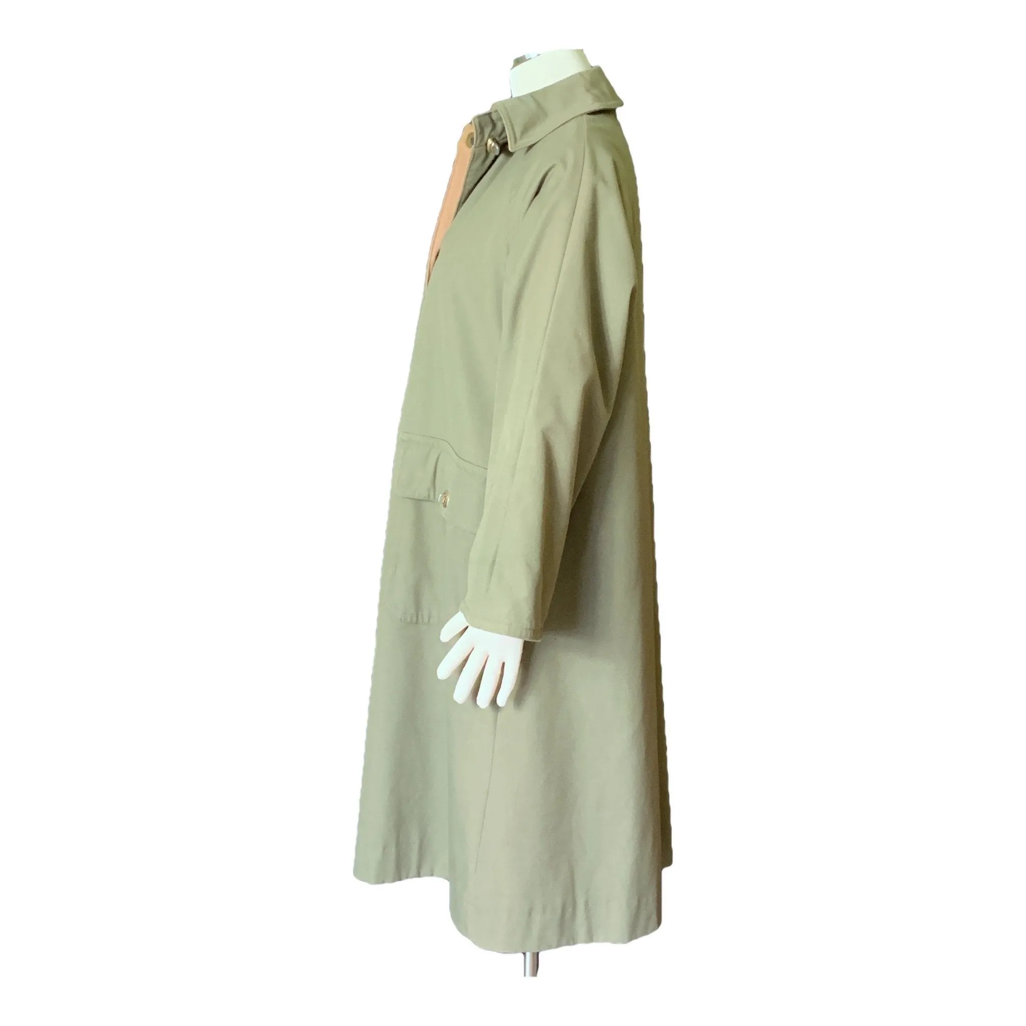 Vintage Green Trench Coat by Bonnie Cashin with Tan Wool Lining. Oversized Utilitarian Style.