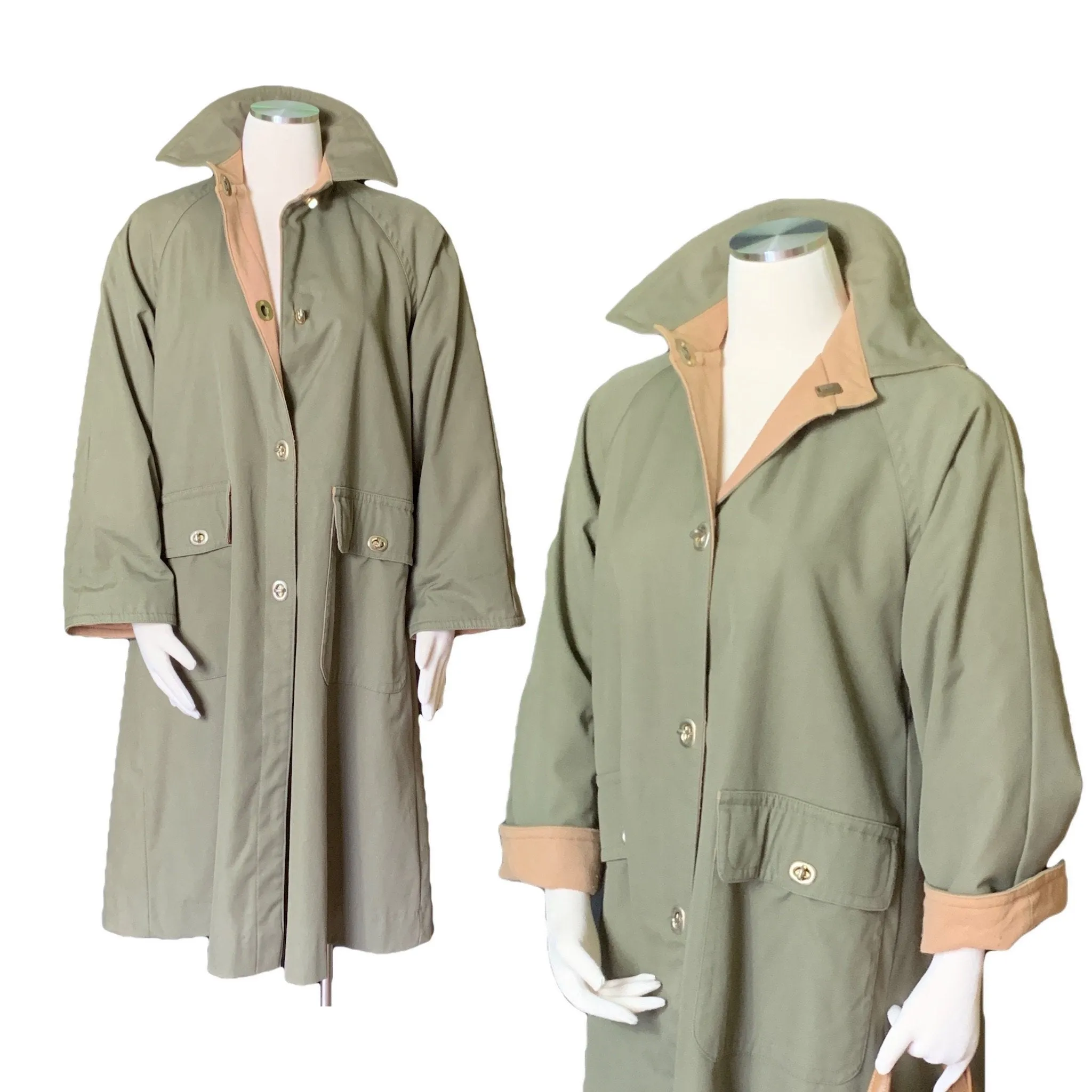 Vintage Green Trench Coat by Bonnie Cashin with Tan Wool Lining. Oversized Utilitarian Style.