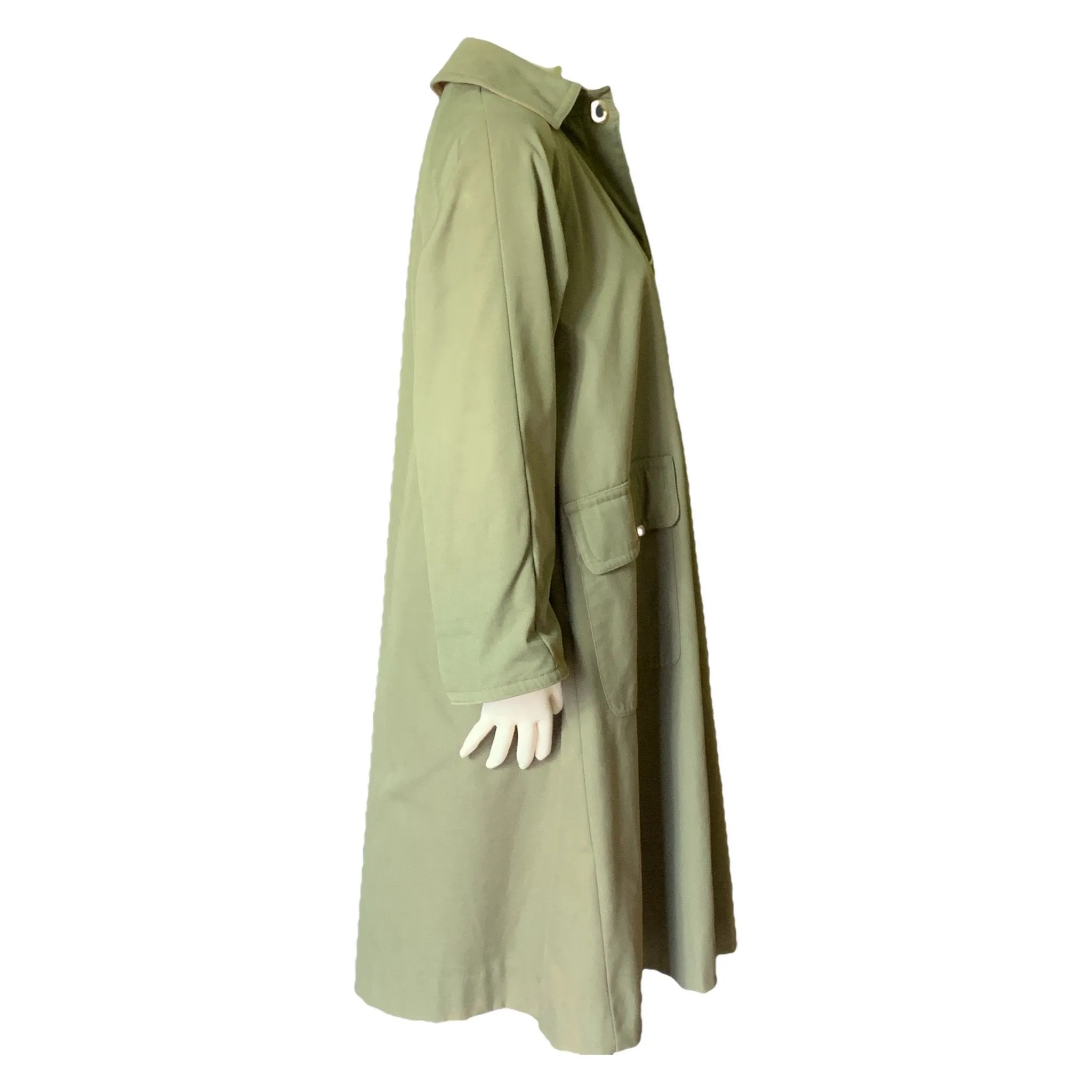 Vintage Green Trench Coat by Bonnie Cashin with Tan Wool Lining. Oversized Utilitarian Style.