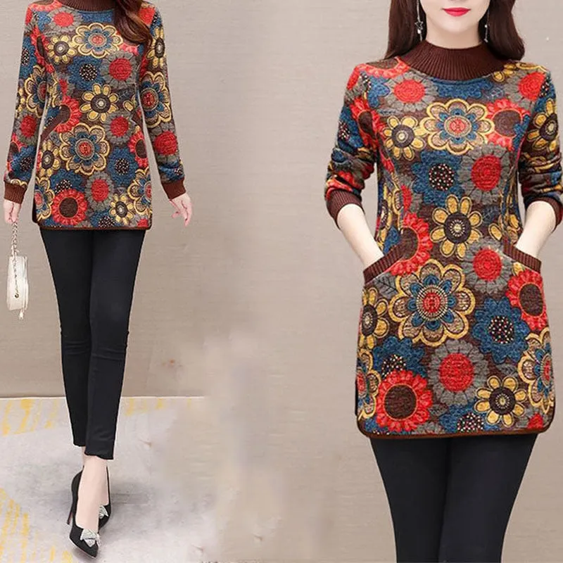 Women Elegant Pullovers  Fashion Floral Print Long Sleeve Pockets T-shirt