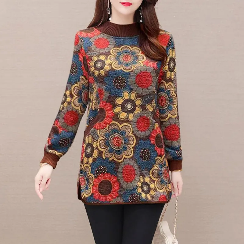 Women Elegant Pullovers  Fashion Floral Print Long Sleeve Pockets T-shirt