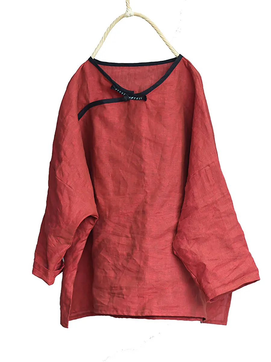 Women Retro Linen Solid Loose Shirt