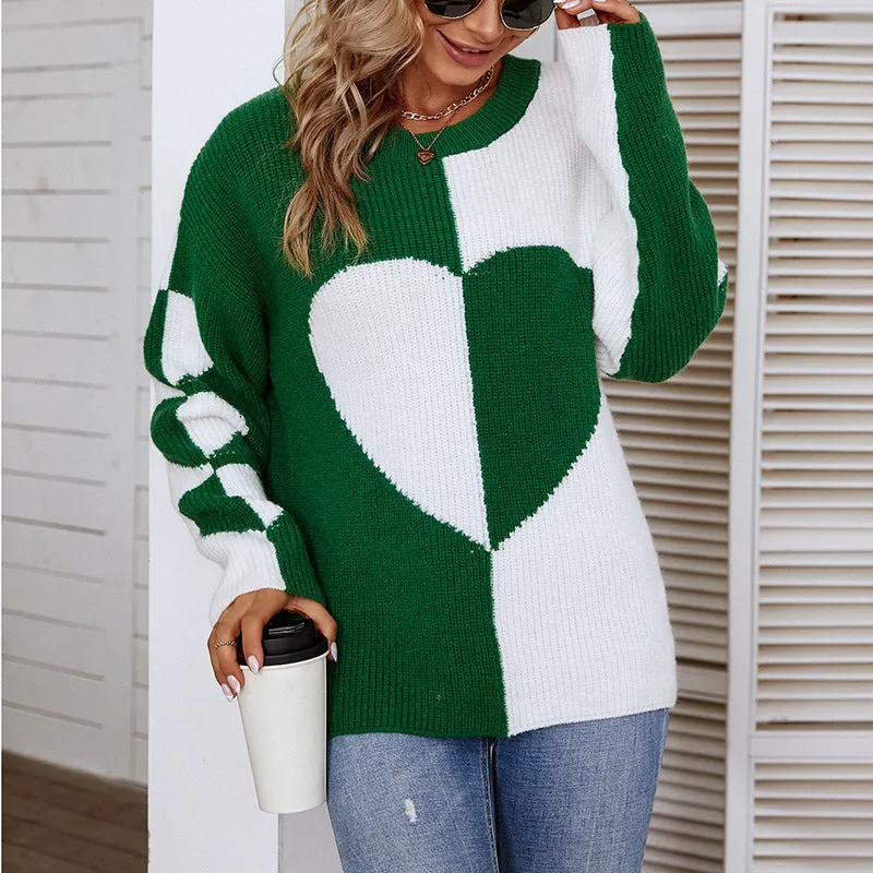 Women Sweaters Kniting Round Collar Pullover Bicolor Love Hearts Long Sleeve