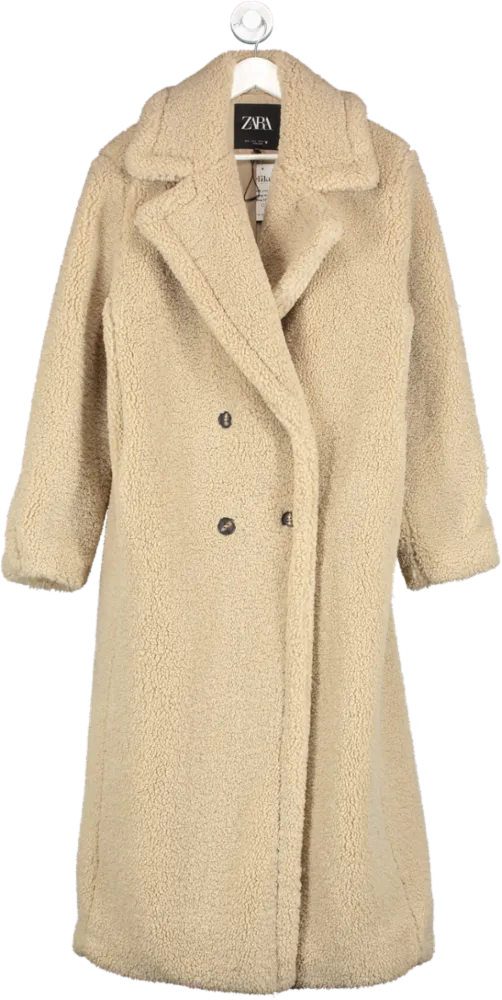 ZARA Beige Extra Long Faux Sherling Coat UK S